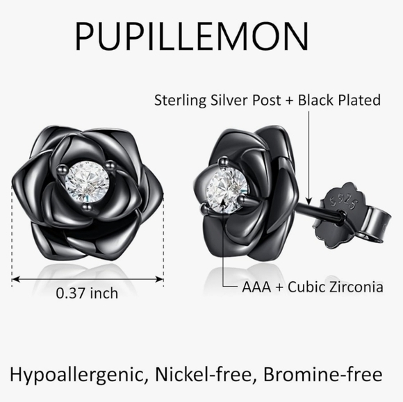 ⁶Sterling Silver Post 18K Gold Plated 3D Realistic Rose Cubic Zirconia Earrings, - Picture 2 of 8